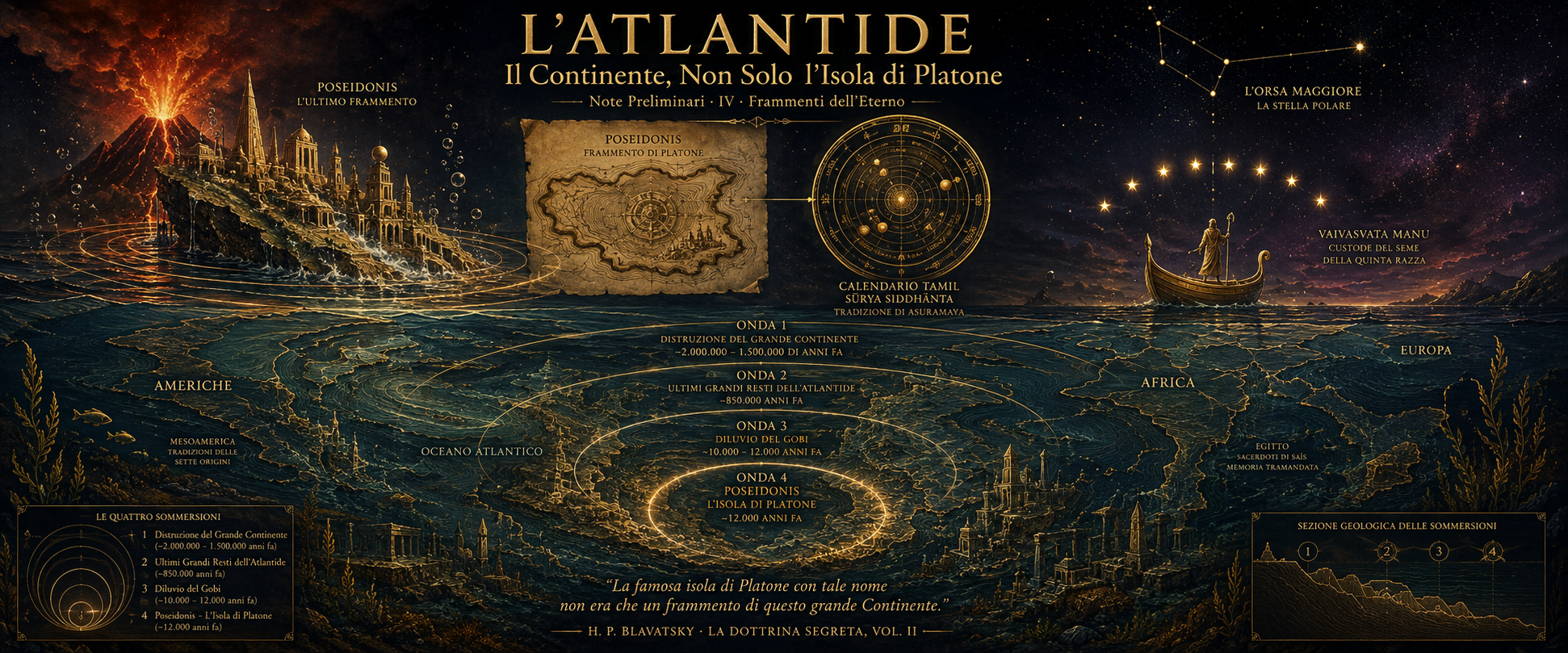 Composizione epica cosmica su sfondo nero: a sinistra Poseidonis che sprofonda tra vulcano e strutture atlantidee dorate con quattro onde concentriche etichettate; al centro mappa su pergamena dell'isola di Platone e disco del Calendario Tamil; a destra Vaivasvata Manu su barca dorata guidato dall'Orsa Maggiore; sul fondale le rovine del grande continente sommerso nell'Oceano Atlantico
