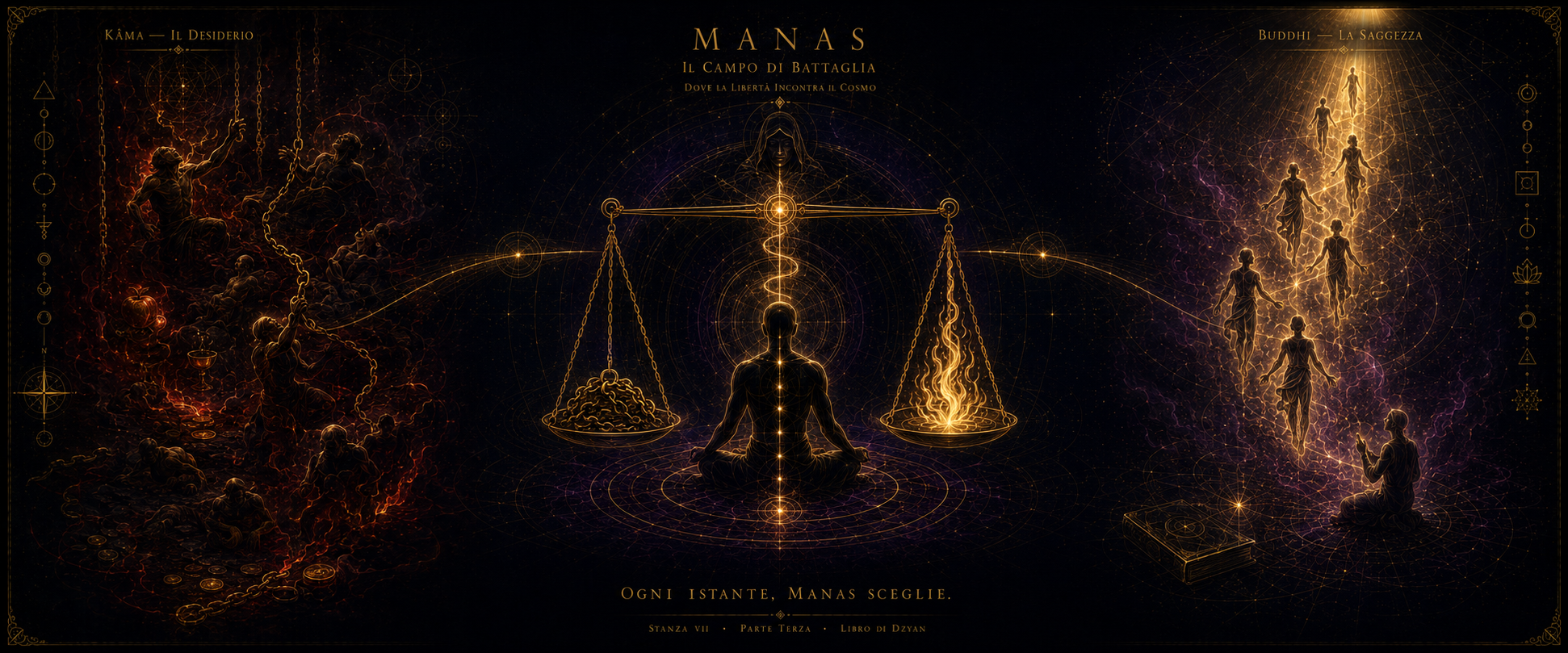 Manas — Il Campo di Battaglia. Bilancia in equilibrio al centro con figura meditante al fulcro, Kâma a sinistra, Buddhi a destra