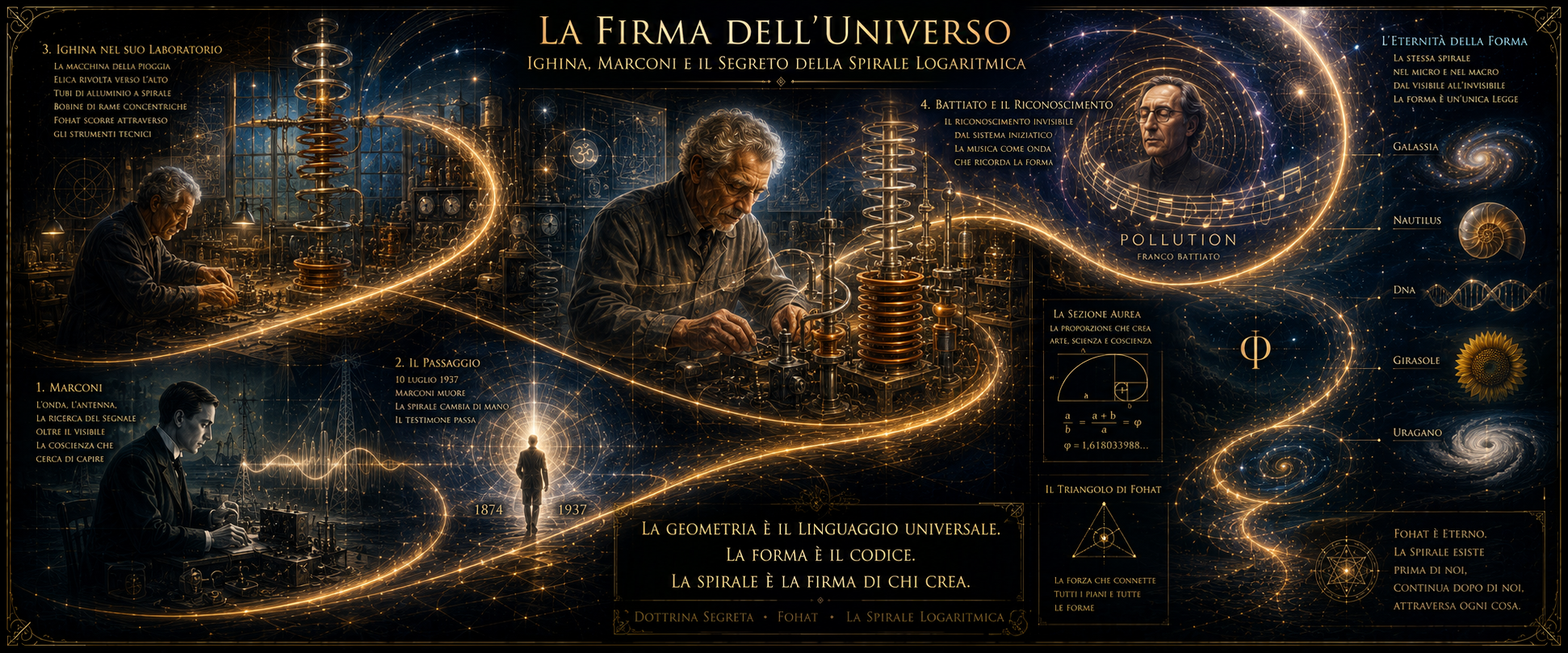 La Firma dell'Universo — spirale logaritmica connette Marconi, Ighina nel laboratorio e Battiato