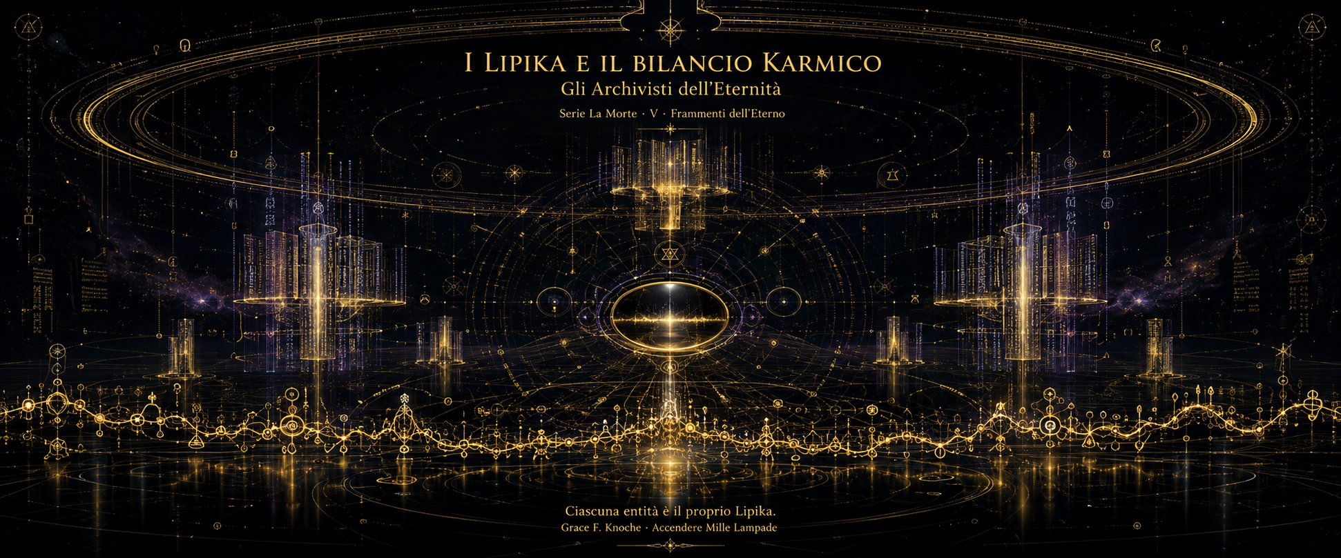 Archivio cosmico geometrico su sfondo nero: quattro colonne di luce oro-viola disposte ai punti cardinali attorno a uno specchio ovale centrale che riflette la linea della vita; in alto un'ellisse dorata con meridiani radiali forma il Ring Pass-Not; in basso una catena di nodi e glifi dorati attraversa l'intera composizione sulla superficie speculare della Luce Astrale