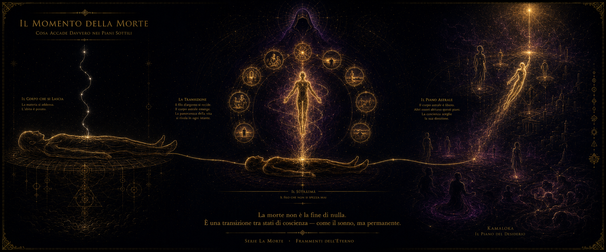 Il Momento della Morte — Corpo fisico disteso a sinistra con filo d'argento luminoso, corpo astrale che si solleva al centro con dodici scene della panoramica della vita, figure che ascendono verso la luce dorata a destra