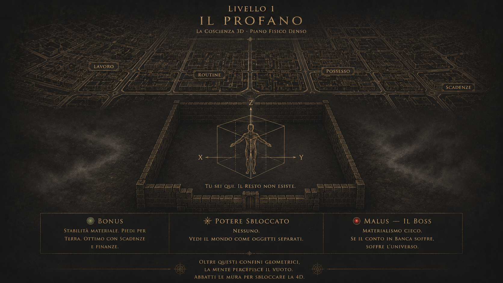 Mappa Visiva Livello 1 — Il Profano: griglia urbana dall'alto, figura umana racchiusa nel cubo con assi X Y Z, mura di mattoni attorno