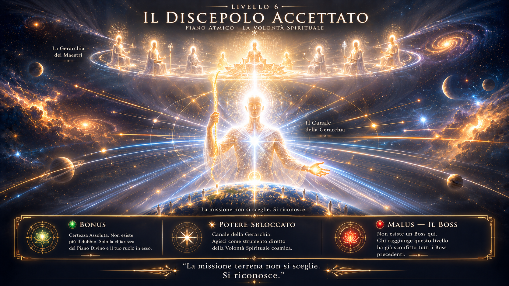 Mappa Visiva Livello 6 — Il Discepolo: Gerarchia dei Maestri disposta ad ali di luce, figura di luce bianca come canale con filo d'oro, Terra in basso con esseri umani che ricevono i raggi