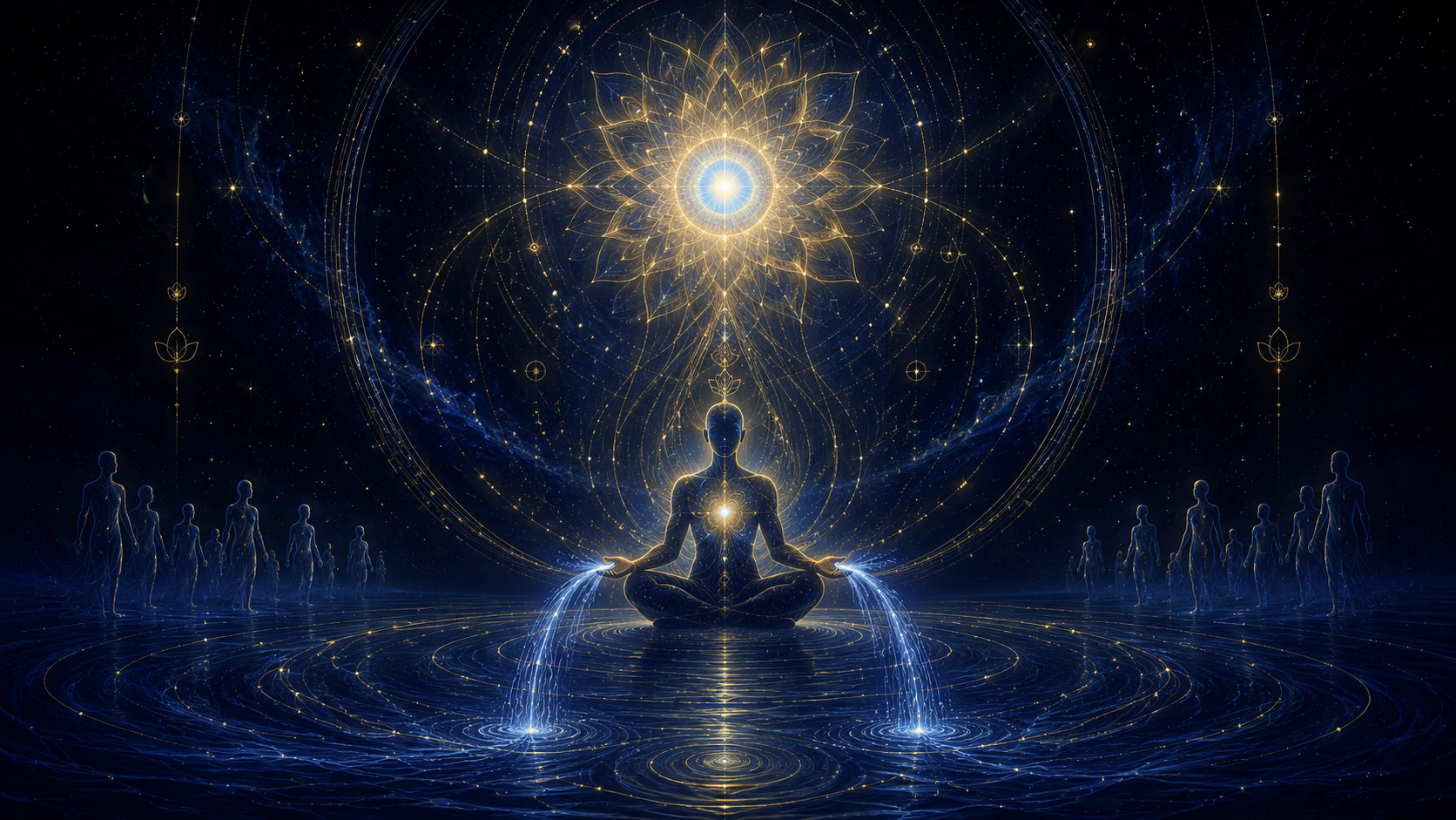 Raggio 2 — Il Custode della Saggezza: loto di luce blu/oro, figura in meditazione con flussi di guarigione dalle mani, silhouette attratte dalla luce, oceano cosmico