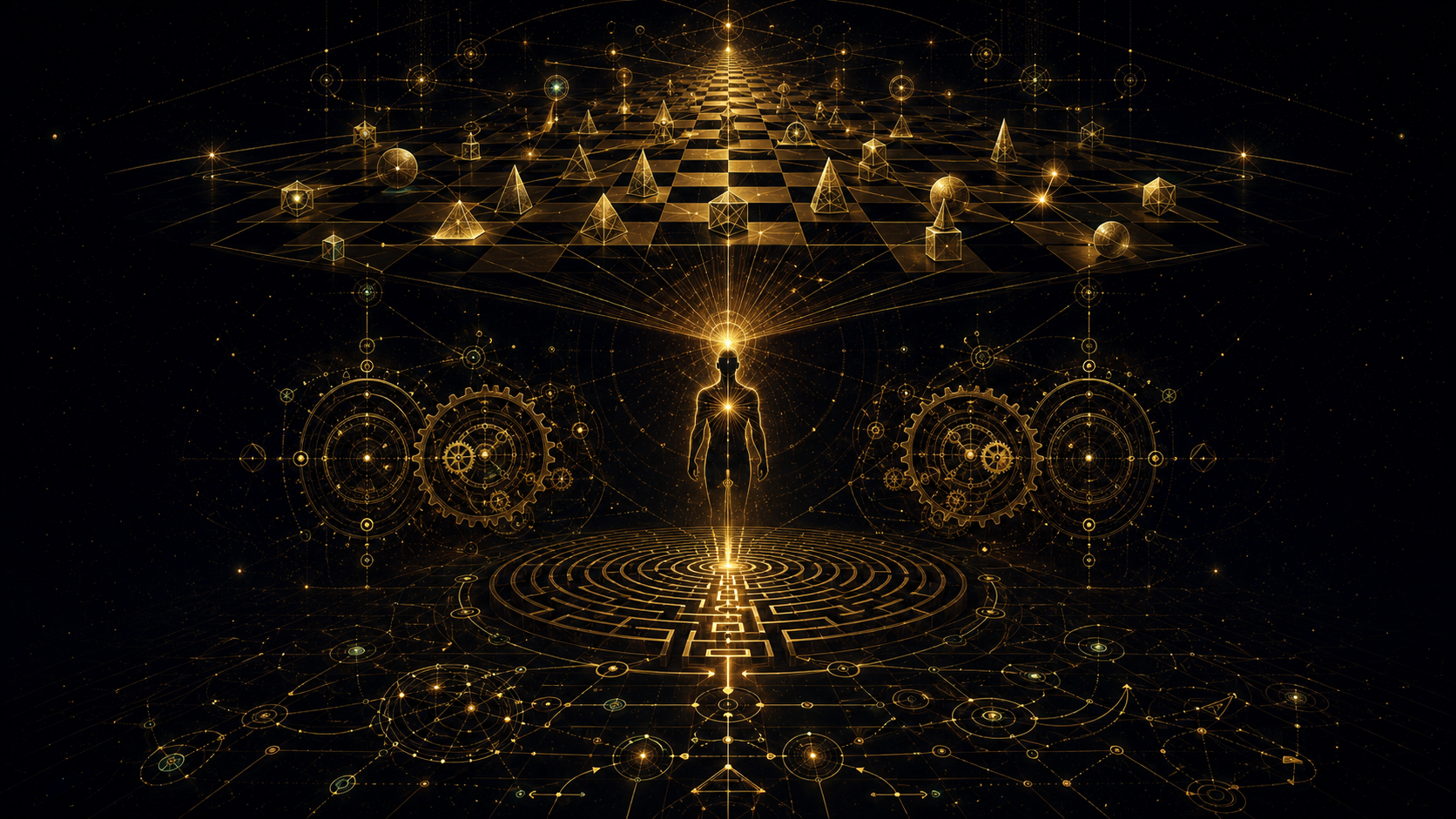 Raggio 3 — L'Architetto: scacchiera cosmica con pezzi geometrici in prospettiva, figura con luce dalla mente, ingranaggi ai lati, labirinto risolto, mappe e frecce direzionali