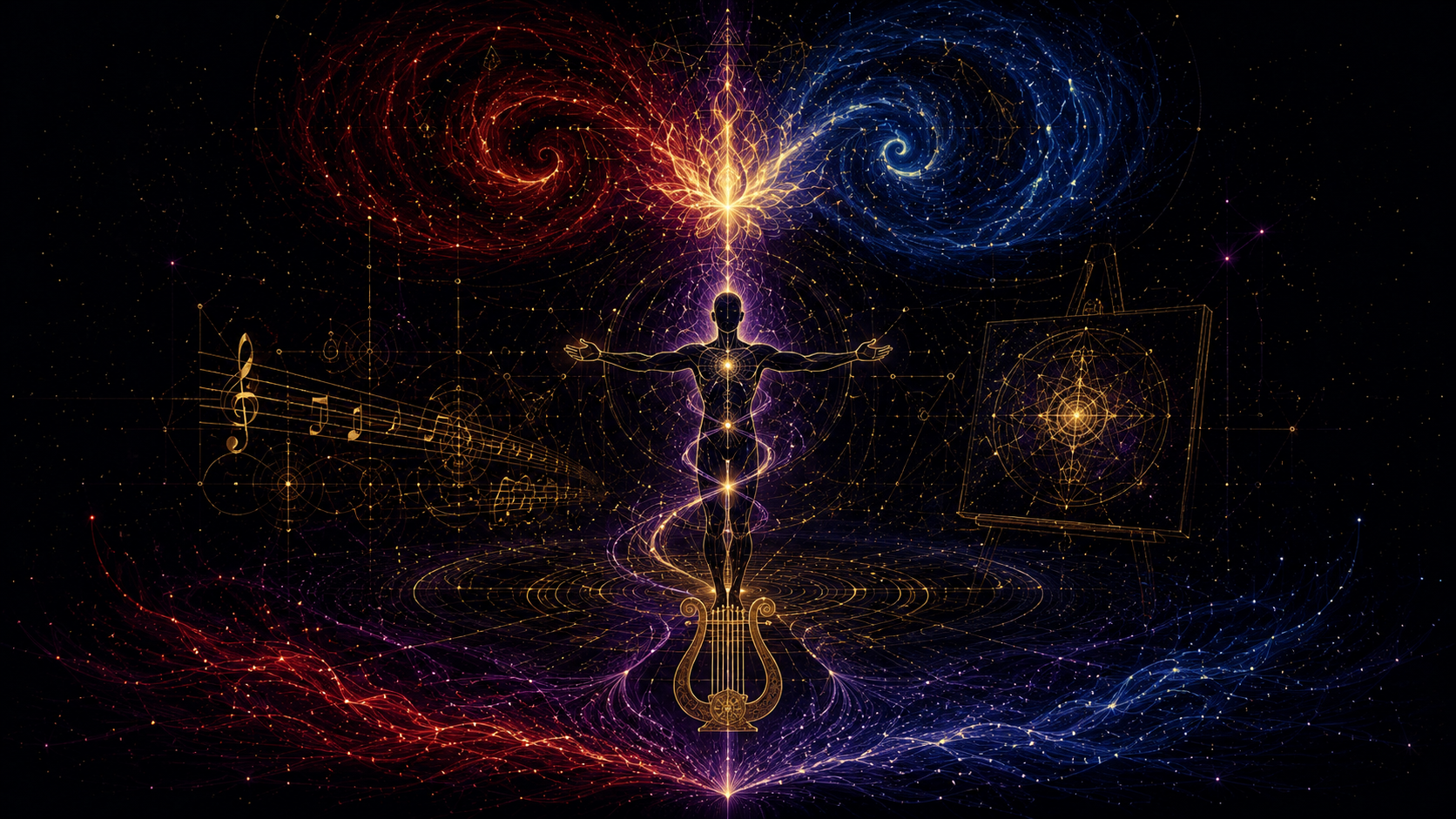 Raggio 4 — Il Bardo: spirale rossa e blu che si scontrano generando fiamma viola dorata, figura con braccia aperte, partitura musicale, tela cosmica, lira dorata